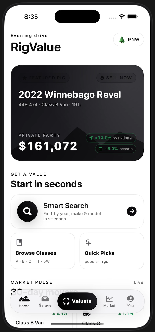 RigValue app showing a live valuation of a 2022 Winnebago Revel